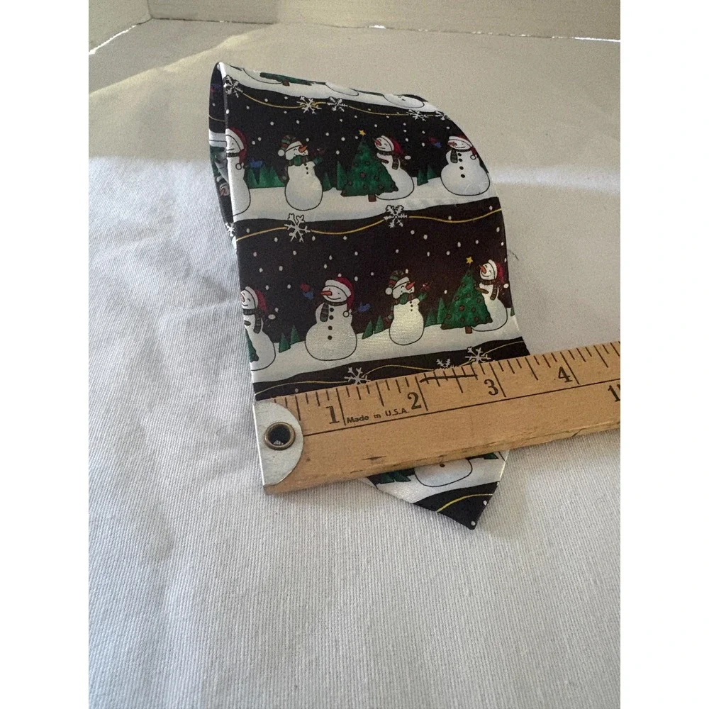 Yule Tie Greetings Hallmark Snowman Christmas Tree Black Silk Feel‎ Mens Necktie